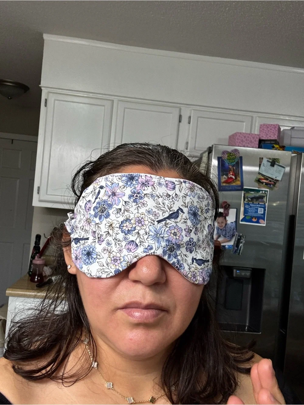 Floral & Bird Print Sleep Mask in Pink and Blue